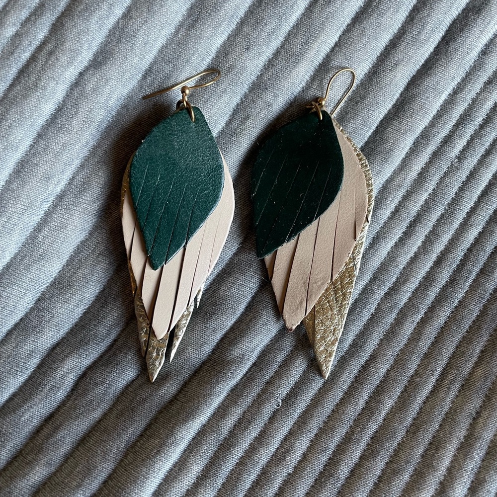 Sseko Designs Leather Layered Feather Earrings | Handmade | Green + Gold
